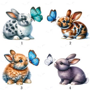 Op de afbeelding: Vier illustraties van konijnen met vlinders. De konijnen hebben verschillende vachtpatronen: wit met zwarte vlekken, bruin en wit, oranje en bruin en grijs. Elk konijn interageert met een vlinder, met verschillende kleuren.