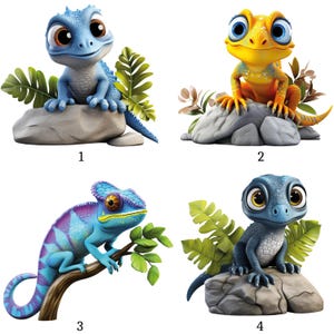 Könnte beinhalten: Vier Cartoon-Echsen-Illustrationen. Die Eidechsen sind in verschiedenen Farben, darunter Blau, Gelb und Lila. Jede Eidechse posiert auf einem Felsen oder Ast mit grünem Laub. Die Eidechsen haben große Augen und lächeln.