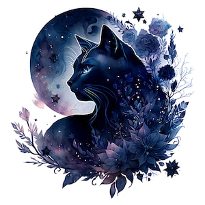 Könnte beinhalten: Digitale Illustration einer schwarzen Katze im Profil, vor dem Hintergrund eines Mondes und Sternen. Die Katze ist mit floralen und botanischen Elementen in Blau- und Lilatönen verziert, die ein himmlisches Thema schaffen.