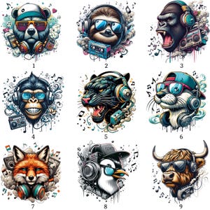 Peut inclure: Neuf illustrations numériques d'animaux avec des écouteurs, des lunettes de soleil et des notes de musique. Les animaux incluent un ours, un paresseux, un gorille, un singe, une panthère, une loutre, un renard, un pingouin et un taureau, chacun avec un design unique.