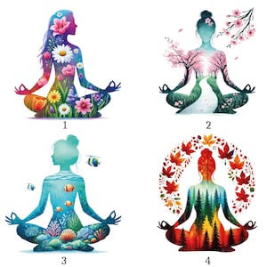 May include: Four colourful illustrations of a person in a seated yoga pose. Each figure is filled with different natural elements. The first has flowers, the second a path and trees, the third an ocean scene, and the fourth a forest and autumn leaves.