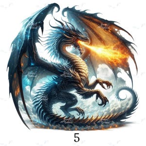 May include: A digital illustration of a dragon with blue, brown, and orange scales, wings, and a fiery breath. The dragon is set against a cloudy sky background. The number "5" is at the bottom.