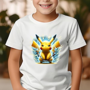 May include: White t-shirt with a Pikachu graphic. The yellow character is surrounded by blue lightning bolts. The shirt is short-sleeved and likely made of cotton. A children's garment.