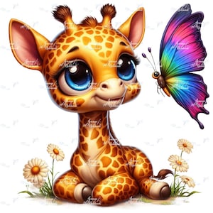 Op de afbeelding: Een cartoon giraffe met grote blauwe ogen en een gevlekte vacht zit tussen madeliefjes. Een kleurrijke vlinder met regenboogvleugels zweeft in de buurt. De giraffe heeft een warme oranje kleur met bruine vlekken.