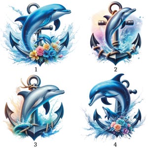 May include: Four digital illustrations of dolphins and anchors. Each image features a blue dolphin, an anchor, and water effects. Some images include flowers in shades of pink, yellow, and blue. The illustrations are set against a white background.