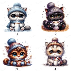 May include: Four illustrations of adorable cartoon cats in winter attire. Each cat wears a knitted hat and scarf, holding a mug of a warm beverage. Snowflakes are scattered around the cats, creating a cozy winter scene.