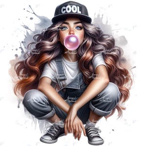 May include: Illustration of a person wearing a black baseball cap with the word "COOL" in white, a white t-shirt, and denim overalls. The person is blowing a pink bubblegum bubble. They are wearing black trainers with white soles.