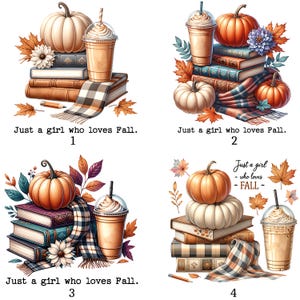 Peut inclure: Quatre illustrations sur le thème de l'automne avec des citrouilles, des livres et des cafés. Chaque image comprend le texte "Just a girl who loves Fall." La palette de couleurs comprend l'orange, le marron et la crème, avec des feuilles d'automne et des écharpes à carreaux.