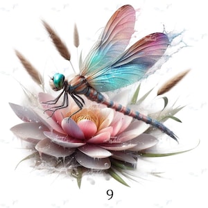 Op de afbeelding: Een digitale illustratie van een libelle met iriserende vleugels, zittend op een roze en crème lotusbloem. De libelle heeft een blauw en bruin lichaam en groene ogen. Het nummer 9 staat onderaan.