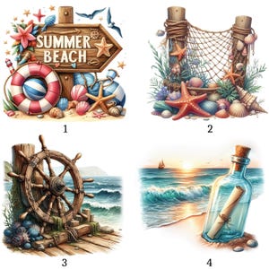 Pode incluir: Quatro ilustrações com tema náutico. A primeira apresenta uma placa de madeira com o texto "Summer Beach", um salva-vidas e conchas. A segunda mostra uma cerca de rede com estrelas do mar e conchas. A terceira mostra um leme de navio em uma doca de madeira. A quarta mostra uma mensagem em uma garrafa.