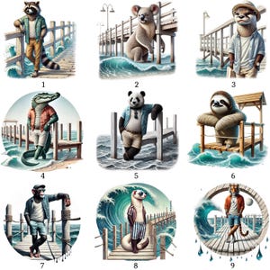 May include: Nine digital illustrations showcasing anthropomorphic animals, each wearing casual clothing and positioned on a wooden pier with ocean waves. Animals depicted include a raccoon, koala, otter, alligator, panda, sloth, monkey, ferret, and tiger.