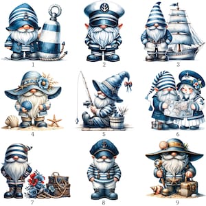 May include: A collection of nautical-themed gnome illustrations. Each gnome is depicted in various poses and outfits, including sailor hats, striped shirts, and fishing gear. The color palette is primarily blue and white.