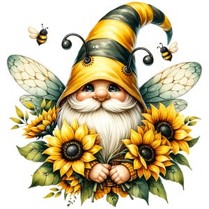 Può includere: Un'illustrazione stravagante di uno gnomo con una lunga barba bianca, che indossa un cappello a righe gialle e nere con antenne. Lo gnomo ha le ali d'ape ed è circondato da girasoli giallo brillante e due api dei cartoni animati.