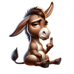 May include: Cartoon illustration of a brown donkey with a sullen expression, sitting and giving the middle finger. The donkey has dark brown hair, large ears, and a white muzzle. The background is plain white.