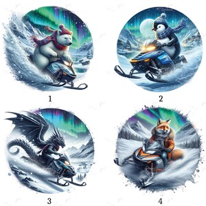 May include: Four circular illustrations featuring winter scenes. A polar bear, penguin, dragon, and fox are each riding a snowmobile. Each image has a snowy background with an aurora borealis effect in the sky.