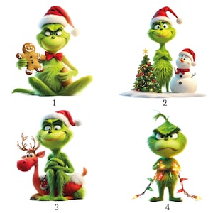 Può includere: Quattro immagini del Grinch in varie pose, tutte con un cappello da Babbo Natale. Un'immagine mostra il Grinch che tiene in mano un omino di pan di zenzero. Un'altra mostra il Grinch con un albero di Natale e un pupazzo di neve. Una terza immagine mostra il Grinch con una renna. L'ultima immagine mostra il Grinch con le luci di Natale.