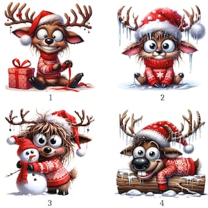 Puede incluir: Cuatro ilustraciones de renos de dibujos animados. Cada reno lleva un gorro de Papá Noel rojo y un suéter rojo. Uno está envolviendo un regalo, otro está sentado en la nieve, un tercero abraza a un muñeco de nieve y el último descansa sobre un tronco.