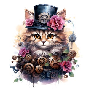 Pode incluir: Ilustração em aquarela de um gato com pelo marrom e branco, usando uma cartola preta adornada com engrenagens e rosas cor-de-rosa. O gato é cercado por engrenagens e mais rosas cor-de-rosa, criando uma estética steampunk.