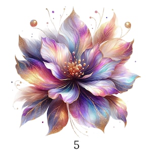 May include: A digitally created flower with layered petals in shades of purple, blue, pink, and gold. The flower has a detailed center and delicate accents, with the number "5" at the bottom.