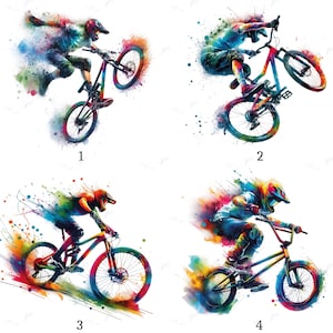Könnte beinhalten: Vier Illustrationen im Aquarellstil von BMX-Fahrern, die Stunts ausführen. Jeder Fahrer wird in Bewegung dargestellt, mit lebendigen Farbspritzern, die von den Fahrrädern und Fahrern ausgehen. Die Bilder sind von 1 bis 4 nummeriert.
