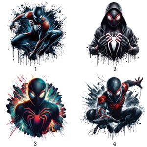 May include: Four illustrations of a superhero in a black and red suit, each with a unique pose and background. The superhero is depicted in various action poses, with a spider emblem on the chest. The backgrounds feature ink splatter and cityscapes.