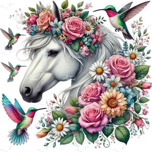 Iron-on patch, white horse with flowers, iron-on motif