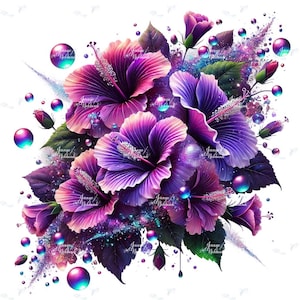 Könnte beinhalten: Eine digitale Illustration von leuchtend lila und rosa Hibiskusblüten mit grünen Blättern und schillernden Kugeln. Die Blumen haben detaillierte Blütenblätter und hervorstehende Staubgefäße, vor einem weißen Hintergrund mit funkelnden Akzenten.