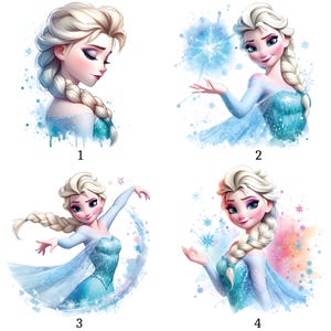 Może przedstawiać: Cztery akwarelowe ilustracje postaci z blond włosami w warkoczu, ubranej w niebieską sukienkę. Każdy obraz przedstawia inną pozę i tło, z płatkami śniegu i efektami akwareli. Postać ma spokojny wyraz twarzy.