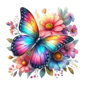 Può includere: Un'illustrazione vibrante di una farfalla con ali arcobaleno, su uno sfondo di fiori colorati. Le ali della farfalla passano attraverso sfumature di blu, giallo e rosa. I fiori includono fiori rosa, arancioni e blu.