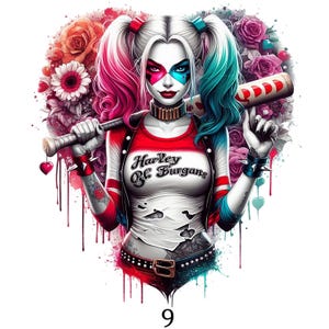 May include: Illustration of a woman with white pigtails, wearing a red, white, and blue outfit, holding a baseball bat. The image features a heart-shaped floral background and the text "Harley RC Burgans".