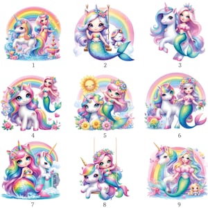 May include: Nine vibrant illustrations of unicorns and mermaids. Each image depicts a unicorn with a rainbow mane alongside a mermaid with flowing hair. The backgrounds feature rainbows, flowers, and other fantastical elements, creating a whimsical theme.