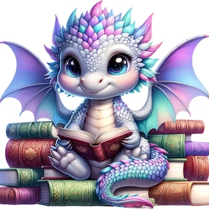 Può includere: Un'illustrazione stravagante di un baby drago con un corpo bianco, ali colorate e una testa multicolore. Il drago legge un libro mentre è seduto su una pila di libri con vari colori e design. Il drago ha grandi occhi blu e un'espressione amichevole.