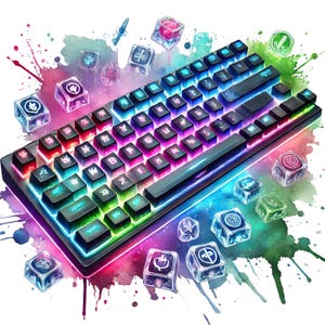 Könnte beinhalten: Eine mechanische Tastatur mit beleuchteten Tasten in Regenbogenfarben. Die Tastatur hat schwarze Tasten und einen schwarzen Rahmen. Mehrere durchscheinende, leuchtende Würfel mit verschiedenen Symbolen schweben um die Tastatur.