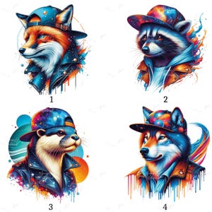 Può includere: Quattro illustrazioni colorate di animali con cappelli e giacche. Una volpe, un procione, una lontra e un lupo sono raffigurati con colori vivaci e uno stile urbano. Ogni animale ha un'espressione e una posa uniche.