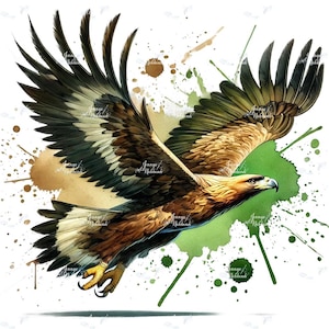May include: A detailed illustration of a golden eagle in flight, with wings spread wide. The eagle's feathers are a mix of brown, tan, and white, set against a backdrop of green and brown paint splatters. The artwork has a watercolor style.