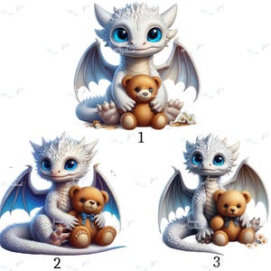 Könnte beinhalten: Drei Illustrationen von entzückenden weißen Drachen mit großen blauen Augen, die jeweils einen braunen Teddybären umarmen. Die Drachen haben detaillierte Flügel und sind vor einem weißen Hintergrund platziert. Jeder Drache hat eine einzigartige Pose.