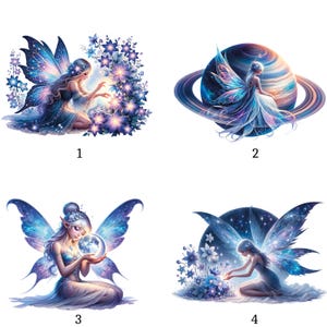 Könnte beinhalten: Vier digitale Kunstbilder von Feen mit blauen und lila Flügeln und Kleidern. Jede Fee ist in einer anderen Pose, eine in der Nähe von Blumen, eine in der Nähe eines Planeten, eine hält eine Kugel und eine in der Nähe eines Sternenhintergrunds.