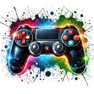 Könnte beinhalten: Ein schwarzer Videospiel-Controller mit roten, blauen, grünen und gelben Knöpfen und Akzenten. Der Controller befindet sich vor einem farbenfrohen Spritzer-Hintergrund mit einem Regenbogen-Gradienteneffekt an den Rändern.