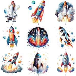 Op de afbeelding: Een verzameling van negen aquarel illustraties van raketten en spaceshuttles. Elk ontwerp heeft levendige kleuren, waaronder rood, blauw, oranje en geel, met details zoals vlammen, sterren en planeten. De afbeeldingen staan tegen een witte achtergrond.