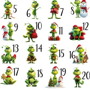 Op de afbeelding: Een verzameling van 24 afbeeldingen met de Grinch in verschillende kerstthema-poses. De Grinch wordt afgebeeld met een groene teint, draagt in veel afbeeldingen een kerstmuts en wordt vaak vergezeld door andere personages zoals een sneeuwpop.