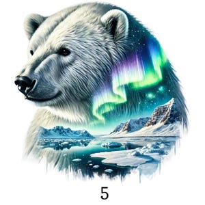 May include: A digital illustration of a polar bear's head, with a vibrant aurora borealis and a snowy landscape. The bear is white with detailed fur, and the background features mountains, ice, and the number 5.