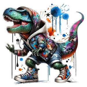 May include: A vibrant illustration of a T-Rex in a hoodie, denim jacket, and shorts. The dinosaur is depicted with blue and green skin, and is wearing high-top trainers. The background features paint splatters in blue, orange, and black.
