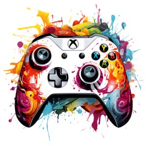 Op de afbeelding: Een witte Xbox-controller met een kleurrijk spetterverf ontwerp. De controller heeft zwarte joysticks, knoppen en een D-pad. De actieknoppen zijn groen, blauw, rood en geel. Het Xbox-logo staat bovenaan.