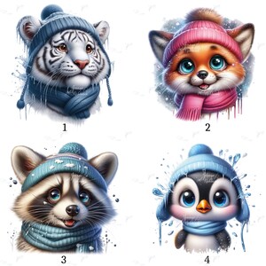May include: Four illustrations of cute winter animals: a tiger, fox, raccoon, and penguin. Each animal is wearing a blue or pink knitted hat and scarf. The tiger has white fur with black stripes. The fox is orange with a pink hat and scarf. The raccoon is brown and grey. The penguin is black and white.