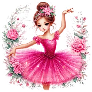 Könnte beinhalten: Digitale Illustration einer jungen Ballerina in einem rosa Tutu und passendem Oberteil. Sie hat braunes Haar, das zu einem Dutt frisiert ist und mit rosa Blumen geschmückt ist. Das Bild wird von floralen Elementen umrahmt, darunter große rosa Pfingstrosen und zartes Grün.