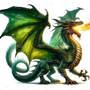 May include: A detailed illustration of a green dragon with large, vibrant wings. The dragon is depicted breathing fire, with a fiery orange and yellow flame emanating from its mouth. The dragon's scales are a mix of green and gold, and it has sharp claws and teeth.