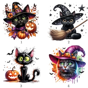 Könnte beinhalten: Vier Illustrationen von schwarzen Katzen für Halloween. Bild 1 zeigt eine Katze mit Hexenhut und Kürbissen. Bild 2 zeigt eine Katze mit Besenstiel und Sternen. Bild 3 zeigt eine struppige Katze mit einem Kürbis. Bild 4 zeigt eine Katze mit lila Hut.
