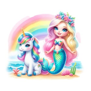 Op de afbeelding: Een grillige illustratie met een eenhoorn en een zeemeermin op een strand met een regenboog op de achtergrond. De eenhoorn heeft een regenboogmanen en -staart, terwijl de zeemeermin lang haar en een kleurrijke top heeft. De scène speelt zich af op een zandstrand met golven.
