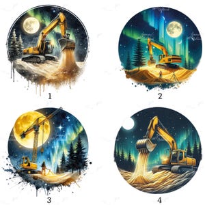 Könnte beinhalten: Vier digitale Kunstdrucke mit Baumaschinen unter einem Nachthimmel. Jeder Druck zeigt einen gelben Bagger oder Kran, mit Vollmond und Nordlichtern oder Sternenhimmel im Hintergrund. Die Drucke sind kreisförmig.