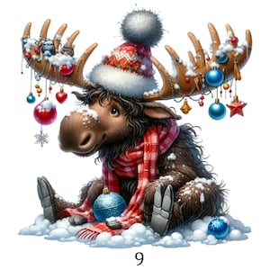 May include: A festive illustration of a moose adorned for Christmas. The moose is wearing a red and white patterned hat and scarf, with baubles hanging from its antlers. The number 9 is at the bottom.